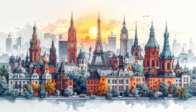 Soft Pencil Doodles of City Landmarks for Tourism Map