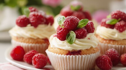 Delicious raspberry cupcakes sit on a white plate, adorned with fluffy cream and fresh mint leaves. The bright kitchen background adds warmth to the scene, inviting sweet indulgence.