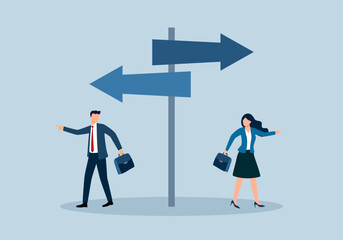 Fototapeta premium Businessman and businesswoman choose different way. Making different decisions.