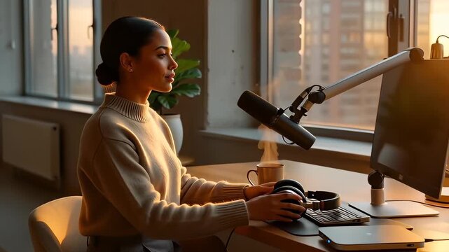 Young female podcaster and content creator in her 20s prepares to broadcast for her subscribers from a modern home office with a city view at sunrise.
