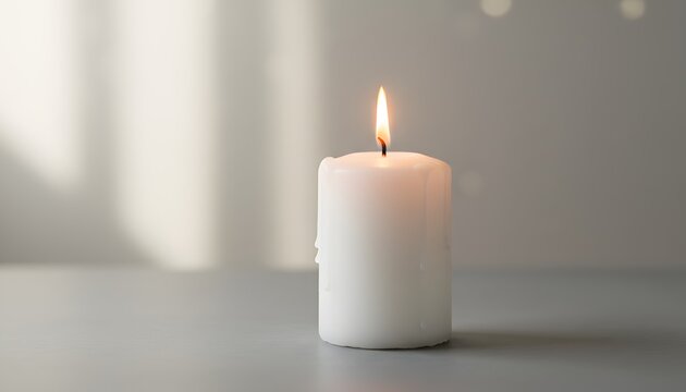 Soft glowing candle with warm light, creating calming ambiance, emotional still life for mindfulness, mental wellness, meditation, and inner balance.
