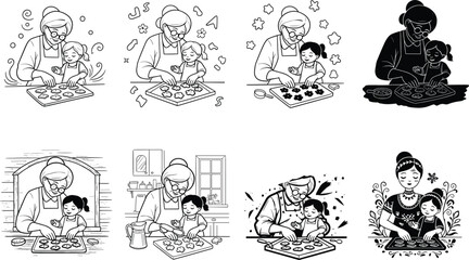 Grandmother and granddaughter baking cookies in kitchen, isolated vector illustration set, black and white line art and silhouette styles, happy family concept.