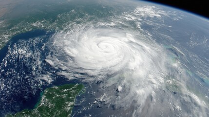 A large hurricane forms over the Gulf of Mexico, displaying powerful winds and swirling clouds. The striking view emphasizes the force of nature above the water and surrounding land.