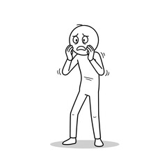 Obraz premium Stick figure retreating slightly with a frightened face, showing hesitation and fear.
