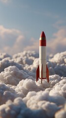 Red Rocket Launching Through Fluffy Clouds at Sunset Sky