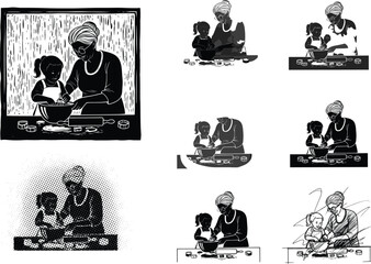 Grandmother and granddaughter baking together in kitchen, black and white vector illustration set, family cooking activity, silhouette and linocut art style.