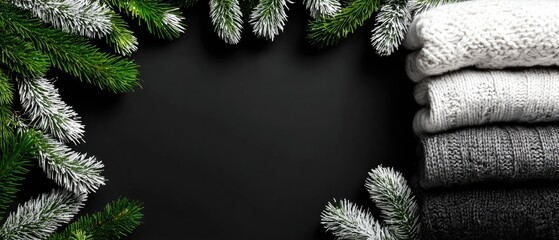 Cozy Winter Sweaters with Fir Branches Framing Dark Background for Seasonal Warmth