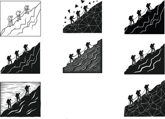 Mountaineering team climbing steep slope, vector illustration set featuring silhouette, linocut and geometric styles, hikers ascending mountain peak for adventure concept.