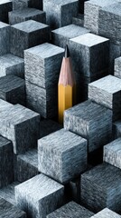 Unique Yellow Pencil Standing Out Among Gray Cubic Blocks in Abstract Art Concept