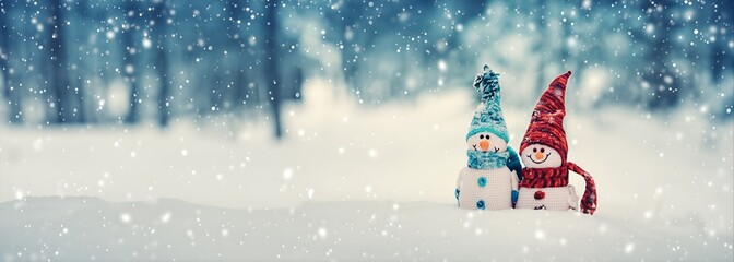Snowman Couple in Snowy Forest — Panoramic Christmas Winter Banner with Falling Snow, Blue Bokeh Background & Copy Space