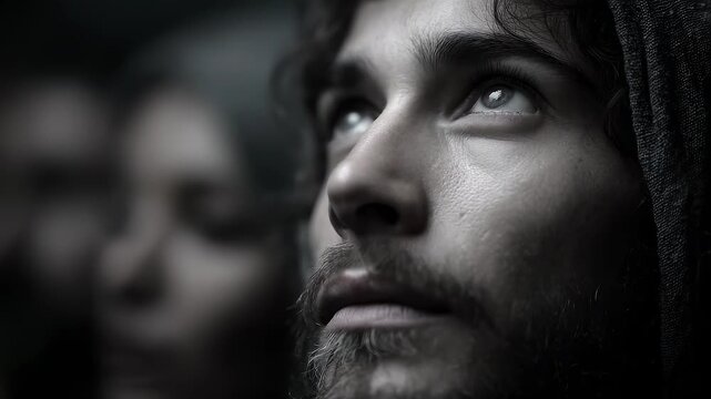 Close-up of Tang Dynasty Figure's Face Showing Historical Figure's Thought and Faith