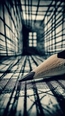 Creative Perspective of Pencil Drawing in Abstract Room with Checkered Patterns