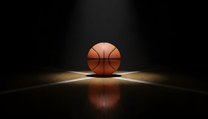 Cinematic shot of a classic basketball illuminated by a strong overhead spotlight on a clean court floor, symbolizing motivation, performance, and competitive spirit. Perfect for editorial imagery.