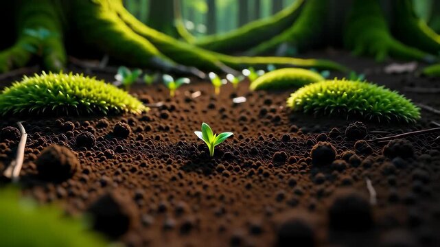 A sustainable packaging film decomposes into rich soil as seeds sprout into new plant life, illustrating a zero-waste and eco-friendly solution in a CGI animation.