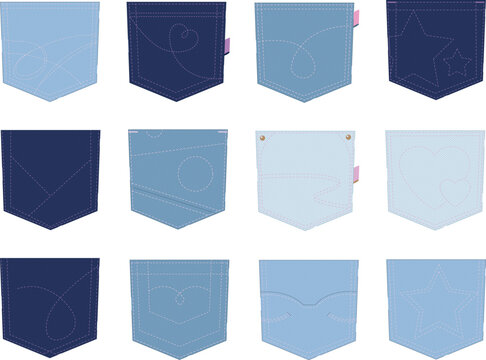 Denim Pocket Vector Set Decorative Stitch Designs in Blue Jean Textures