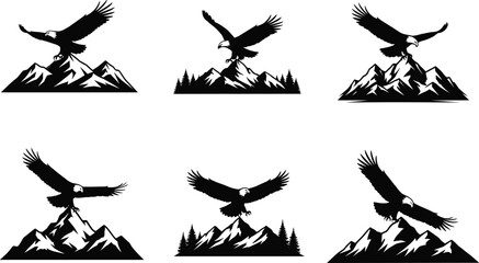 Set of bald eagle silhouettes flying over mountain peaks, isolated black vector illustration collection for logo design, outdoor adventure and freedom symbol.