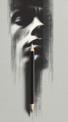 Artistic Face Pencil Drawing with Dramatic Shadows and Gradients on Textured Paper