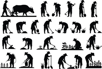 Set of farmer silhouettes working in field, man plowing with buffalo, gardening and planting, isolated black vector illustration for agriculture design.