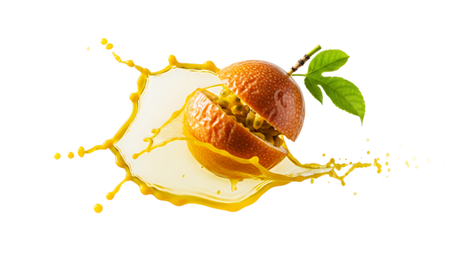 Vibrant yellow passion fruit juice explosion with a dynamic splash, showcasing the freshness and exotic taste of ripe, tropical produce, ideal for health-conscious drinks