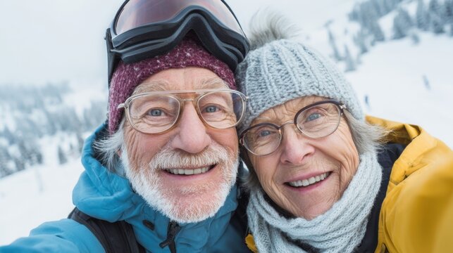 Two smiling seniors pose for a selfie on a snowy mountain. They wear warm winter clothing and ski gear, capturing a fun moment during their day of skiing and enjoying the winter landscape.