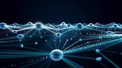 Abstract technology background showing a futuristic digital network of interconnected nodes and glowing plexus lines, representing data flow and communication. - Powered by Adobe