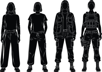 Set of female character silhouettes, woman wearing casual clothes and military tactical gear, isolated black vector illustration for game design assets.