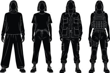 Set of female character silhouettes, woman changing from casual clothing to military tactical soldier gear, isolated black vector illustration for game design.