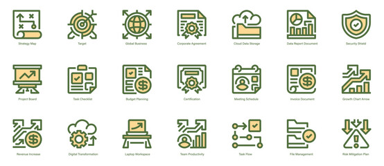Business Icon Set Line Icons, Outline Symbols for Strategy Planning, Team Management, Market Analysis, Project Execution, and Corporate Operations. Vector Sign Collection.