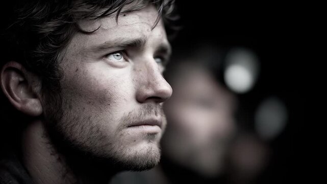 Close-up of a Tang Dynasty man gazing into the distance with a solemn expression