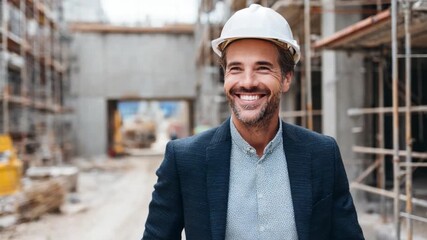 Construction Confidence: An architect, exuding professional confidence, smiles amidst a bustling construction site, his vision and expertise transforming blueprints into reality. 