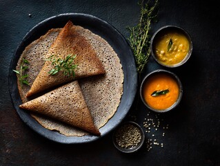 Ragi dosa served with sambar and chutney on a black plate, showcasing the vibrant colors and textures of south indian cuisine on a dark table