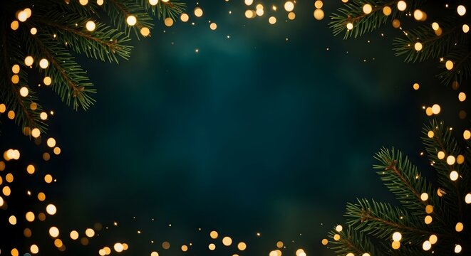 Festive christmas fir branches with golden bokeh lights border