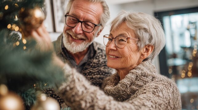 Joyful elderly couple smiles as they decorate a Christmas tree with ornaments at their cozy home, sharing a moment of happiness and togetherness during the holiday season.