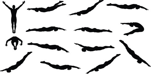 Set of male swimmer silhouettes, athletic man diving and swimming in pool, isolated black vector illustration for summer sport competition, fitness design.