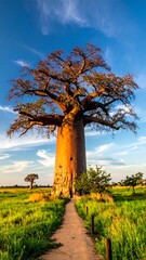 Baobab trees in a grassy plain with a path leading to the huge, ancient trees under a blue, cloudy sky