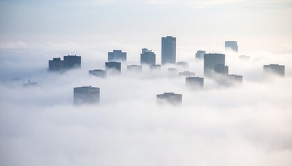 City Skyline Emerging Through Thick Fog. Surreal Urban Landscape