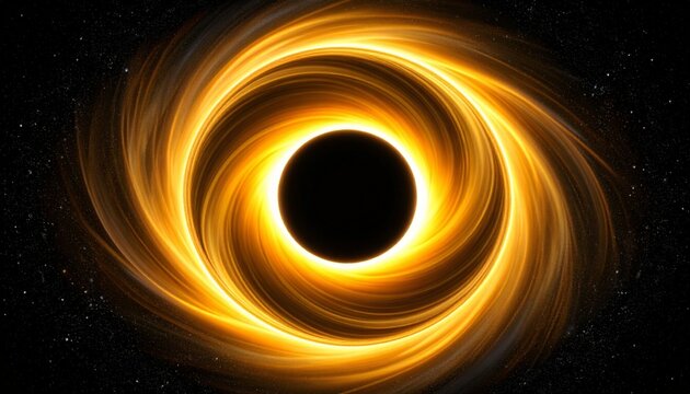 Golden Black Hole with Glowing Accretion Disk. High-Detail Space Illustration