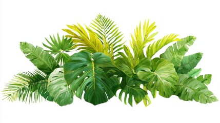 Colorful tropical leaves fill the scene, showcasing a variety of shapes and shades of green. This lush arrangement brings a fresh, natural vibe to the setting, perfect for decor.