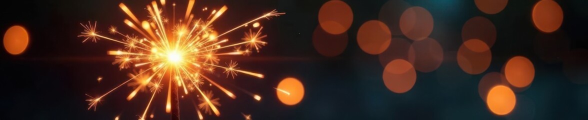 Obraz premium Burning orange magnesium rod, festive sparkler, blurry lights background , birthday, light, fire