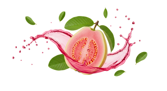 Fresh ripe pink guava cut in half with a vibrant juice splash and green leaves isolated on a white background