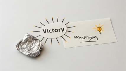 Motivational message on triumph with sunlight illustration and crumpled foil symbolizing resilience and determination to shine