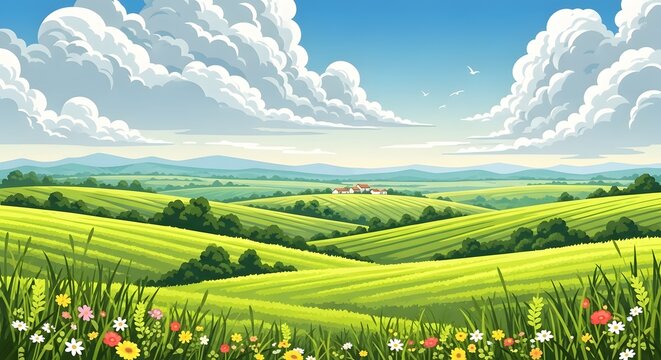 Green rolling hills landscape with farm, blue sky, and clouds