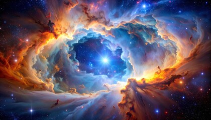 Nebula's Cosmic Symphony: A breathtaking depiction of the cosmos, where swirling clouds of gas and dust ignite, giving birth to a symphony of stars and interstellar formations.