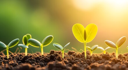 Fresh green seedlings sprouting in fertile soil with golden light