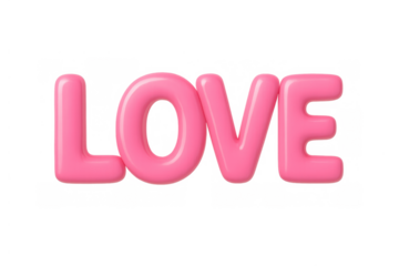 Love word as shiny pink balloon letters, representing romance, passion, and valentine's day on a transparent background