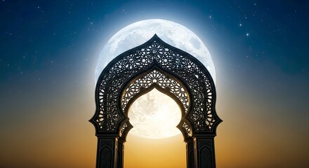 Fototapeta premium Islamic Arch with Glowing Moon Behind