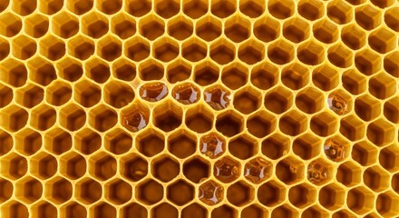 A close up of a honeycomb filled with honey showing the intricate hexagonal structure of the cells