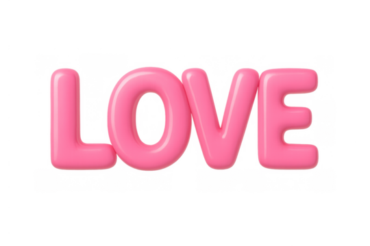 Love word as shiny pink balloon letters, representing romance, passion, and valentine's day on a transparent background
