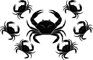 Set of stylized crab silhouettes arranged in a circular pattern, marine seafood vector illustration for ocean themes, coastal graphics, beach designs, aquatic artwork