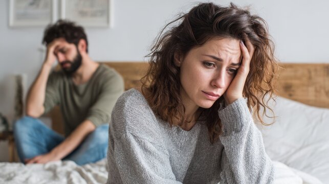 A man and woman sit on a bed, visibly upset and lost in thought. The room is softly lit, suggesting early morning.